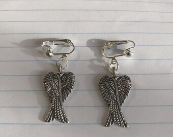 Angel Wing Clip On Earrings: Tibetan Silver Charm