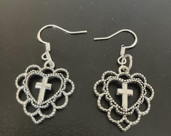 Sterling Silver Heart Cross Earrings: Tibetan Silver Charm