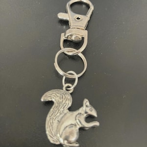 May include: Silver-colored squirrel keychain with a lobster clasp and a split ring. The squirrel charm is detailed with a fluffy tail and a small, pointed ear. The keychain is made of metal and is designed to attach to keys or a bag.