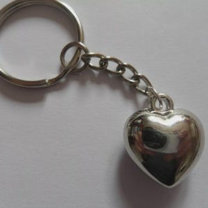 Op de afbeelding: Zilverkleurige sleutelhanger met een hartvormige bedel. De hartbedel is glad en reflecterend, bevestigd aan een ketting en een ronde sleutelring. De sleutelhanger is gemaakt van glanzend metaal.