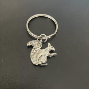 May include: Silver-colored squirrel keychain. The keychain features a detailed, three-dimensional squirrel charm attached to a silver metal ring. The squirrel is depicted in a sitting position with its tail curled up.