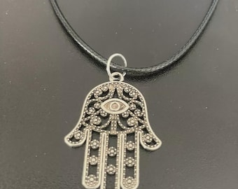Collier Main de Hamsa, pendentif en argent tibétain, cordon en suédine