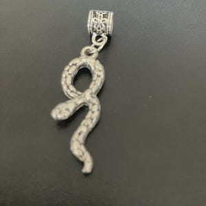 May include: A silver-coloured snake charm pendant. The charm features a detailed snake design with a textured body and a decorative floral pattern on the bail. The snake is curled in a stylized pose.