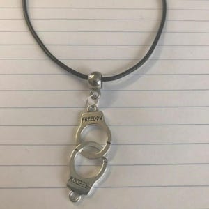 Handcuff Charm Necklace: Tibetan Silver Pendant, Leather Cord