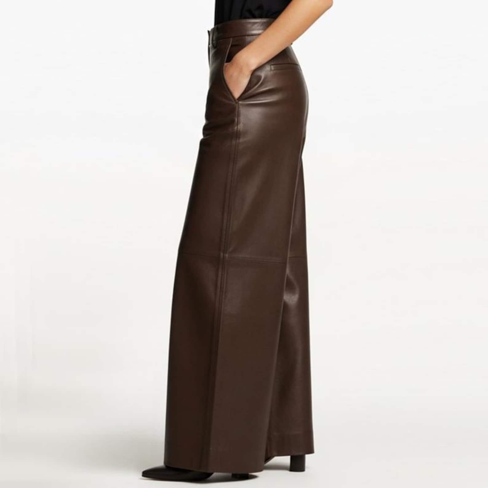 High Waisted Wide Leg Leather Pants: Sable Brown Genuine Leather ...