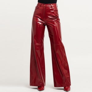 Scarlet Fall Genuine Patent Leather Wide Leg Pants for Women – High Waisted Glossy Red Trousers