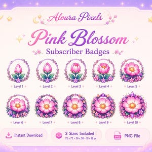 May include: A digital set of ten Pink Blossom subscriber badges by Aloura Pixels, featuring floral illustrations that progress from a closed bud to a full bloom. Each badge is framed in a circular vine design, labeled Level 1 through 10.