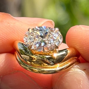 2 CT Oval Cut Diamond Engagement Ring | Cluster Halo Ring | 14K Yellow Gold Wave Band Ring | Unique Double Band Ring