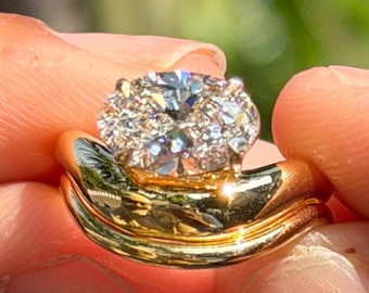 2 CT Oval Cut Diamond Engagement Ring | Cluster Halo Ring | 14K Yellow Gold Wave Band Ring | Unique Double Band Ring