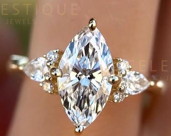 1 CT Marquise Cut Lab Grown Diamond Engagement Ring | Cluster Side Stone Ring | 14K Yellow Gold Minimalist Ring | Unique Solitaire Ring