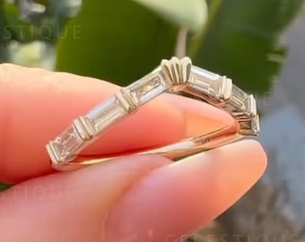 Baguette Diamond Curved Wedding Band | V Shape Chevron Stacking Band Ring