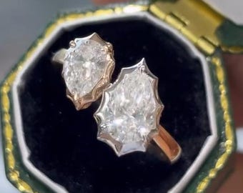 Toi-et-moi-ring met peergeslepen diamant | Vintage geïnspireerde verlovingsring | Asymmetrische bruidsring | Unieke beloftering