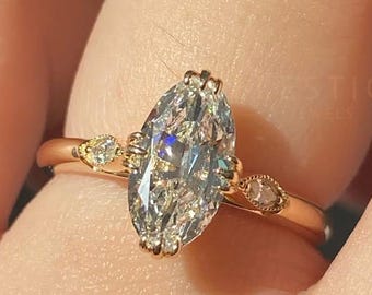 Anello di fidanzamento con diamante sintetico taglio Moval da 1,50 CT / Anello solitario con doppia griffe / Anello di promessa in oro delicato / Anello da sposa minimalista