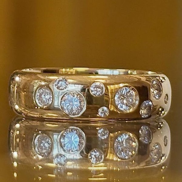 Vintage Inspired Flush Set Diamond Band | Scattered Round Brilliant Diamonds | Wide Dome Wedding Band | Anniversary Statement Ring