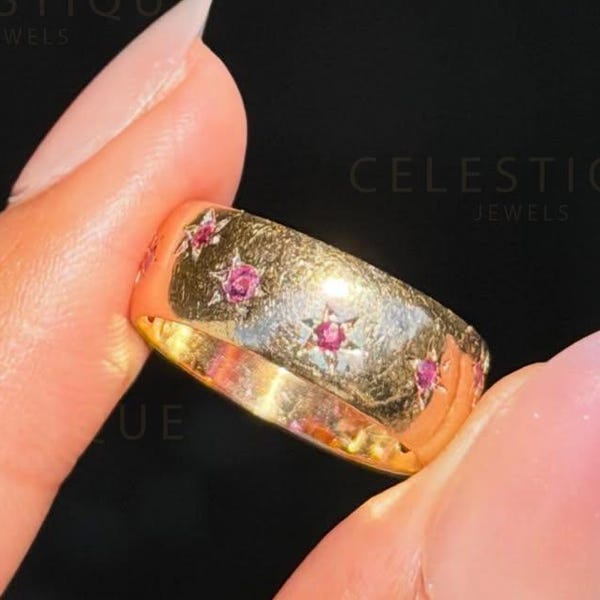 Vintage Ruby Star Set Wide Band Ring | 14K Yellow Gold Chunky Ring | Flush Set Ruby Statement Band | Minimalist Anniversary Ring