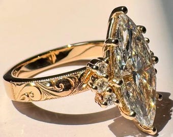 3.50 CT Marquise Cut Lab Grown Diamond Engagement Ring | Floral Cluster Side Stones Ring | Vintage Engraved 14K Yellow Gold Ring