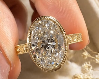 3CT Oval Cut Lab Grown Diamond Engagement Ring | Vintage Bezel Set Oval Ring | Milgrain Halo Engraved Band | 14K Yellow Gold Antique Ring