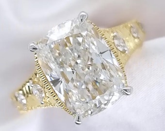 4CT Cushion Cut Diamond Ring | Vintage Engraved Milgrain Engagement Ring | Side Stone Antique Inspired Ring | 14K Yellow Gold Bridal Ring