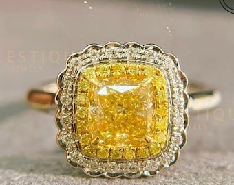 3.50CT Fancy Yellow Cushion Cut Diamond Halo Ring|  18K Gold Engagement Ring | Double Halo Yellow & White Diamond Ring | Luxury Fine Jewelry