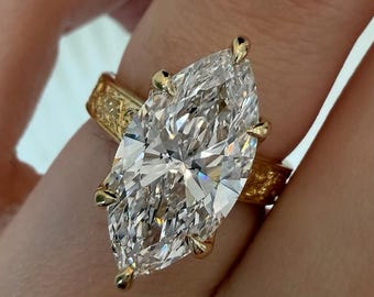 Anillo de compromiso con diamante talla marquesa de 3 quilates / Anillo de banda grabado de estilo vintage / Anillo solitario de oro amarillo de 14 quilates / Anillo nupcial único de estilo antiguo