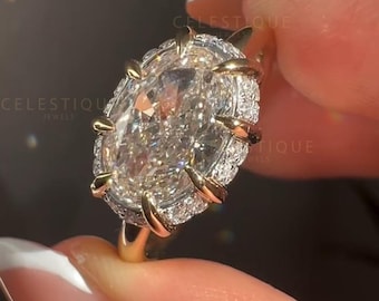 Anello di fidanzamento con diamante ovale da 3 carati con alone, creato in laboratorio / Anello solitario in oro giallo 14 carati / Anello da sposa d'ispirazione vintage / Anello di promessa con alone nascosto