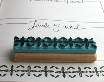 Tampon frise Bullet Journal, inspiration carreau de ciment, motif petites feuilles, bujo, gravé à la main, en gomme, monté sur bois