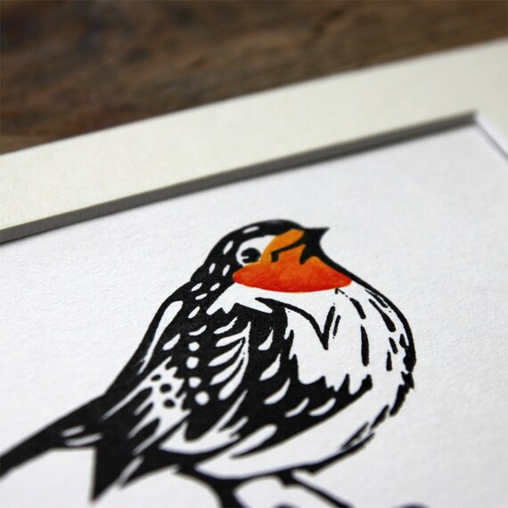 Carte Postale Rouge Gorge Linogravure Originale Rehaussée Dorange Signée Et Datée