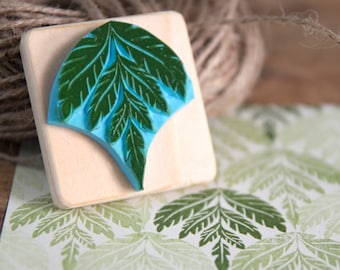 Timbro in gomma con foglia di felce intagliata a mano, motivo geometrico, Bujo