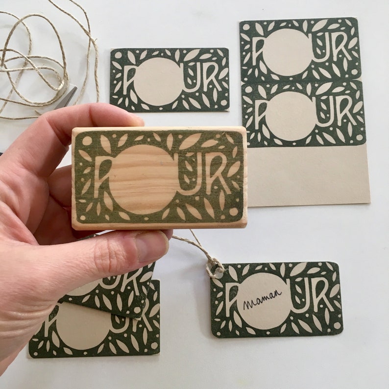 POUR french rubber stamp, for DIY gift tag, lettering, FOR, hand carved, wood mounted image 1