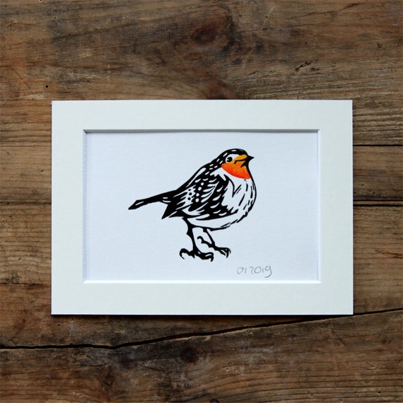 Carte Postale Rouge Gorge Linogravure Originale Rehaussée Dorange Signée Et Datée