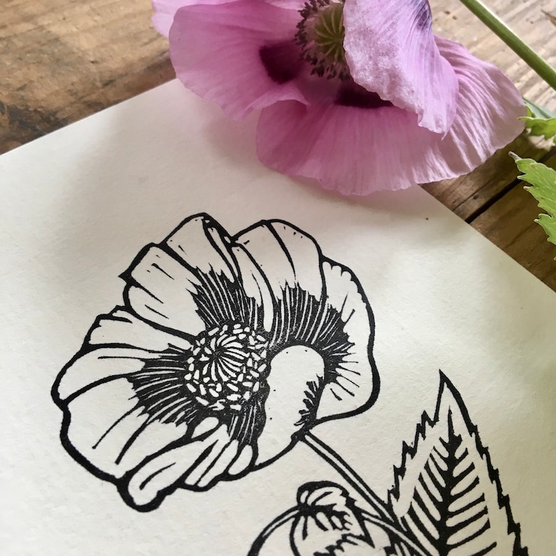 Poppi flower stamp, hand carved, wood mounted, bird stamp image 6