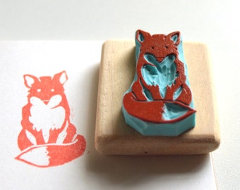 Fox stamp, hand carved, wood mounted
