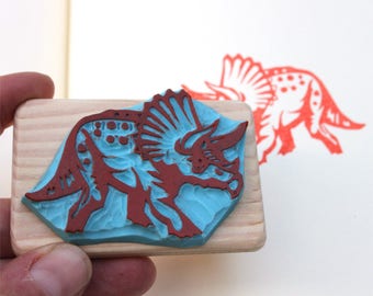 Dinosaur rubber stamp, Triceratops, hand carved, wood mounted