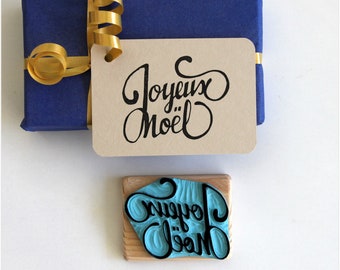 Joyeux Noël rubber stamp, lettering, hand carved, wood mounted