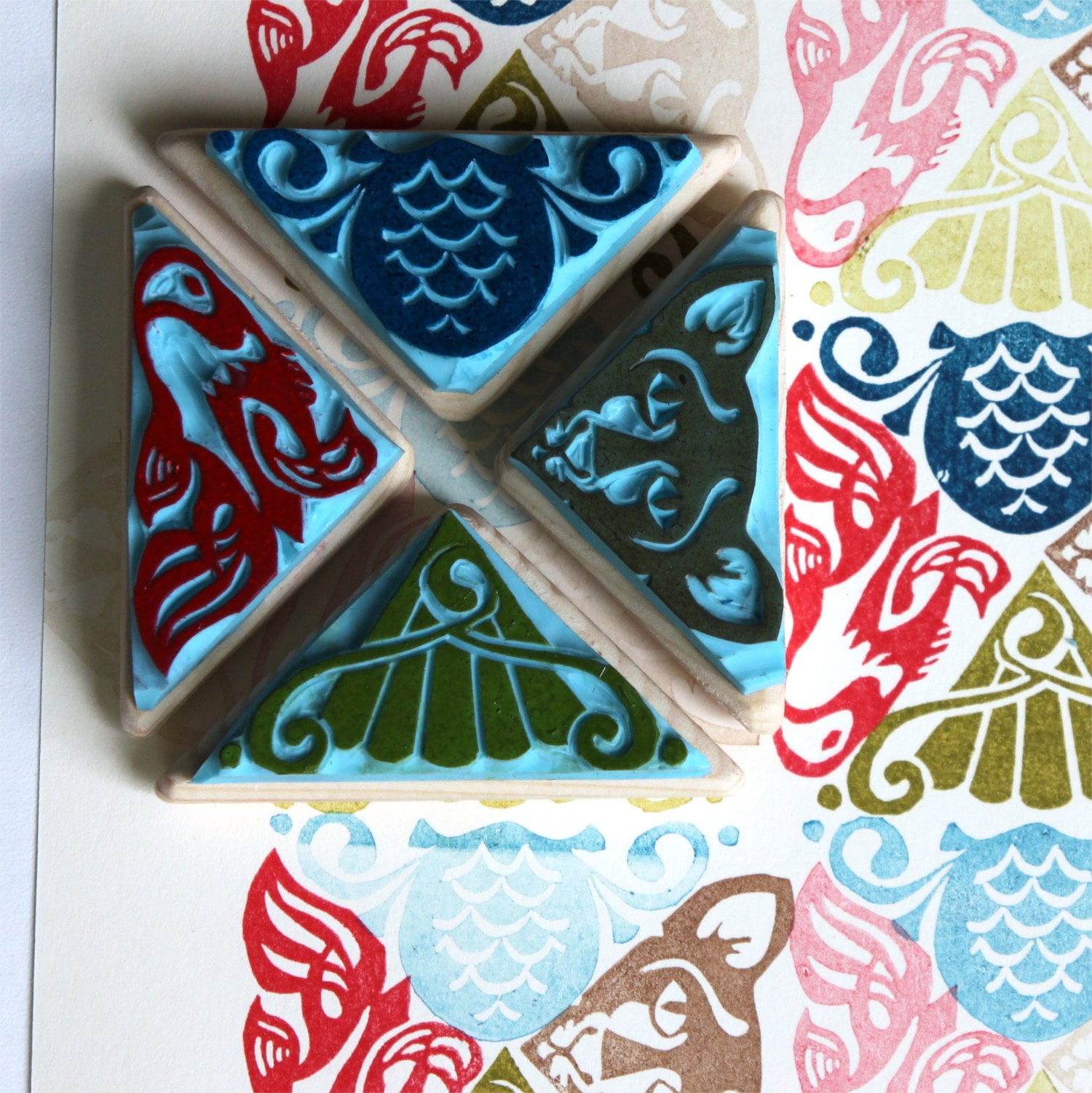 Cat Fish and Geometric Rubber Stamps Art Deco Style Hand Etsy