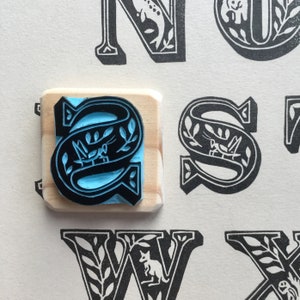 S letter rubber stamp "S for Sauterelle", lettering, hand carved, wood mounted