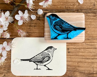 Timbro di uccello, Parula, intagliato a mano, montato su legno