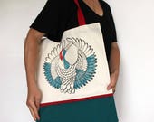 The big  japanese crane tote bag, hand printed fabric, japanese design inspired, hand made, limited edition, cotton