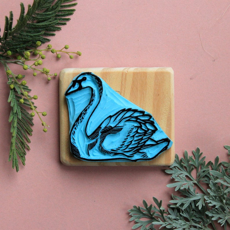 Swan stamp, hand carved, wood mounted image 2