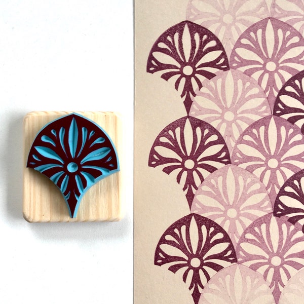Tampon motif écaille, hanabi, fleur, motif géométrique, bujo, gravé à la main, en gomme, monté sur bois