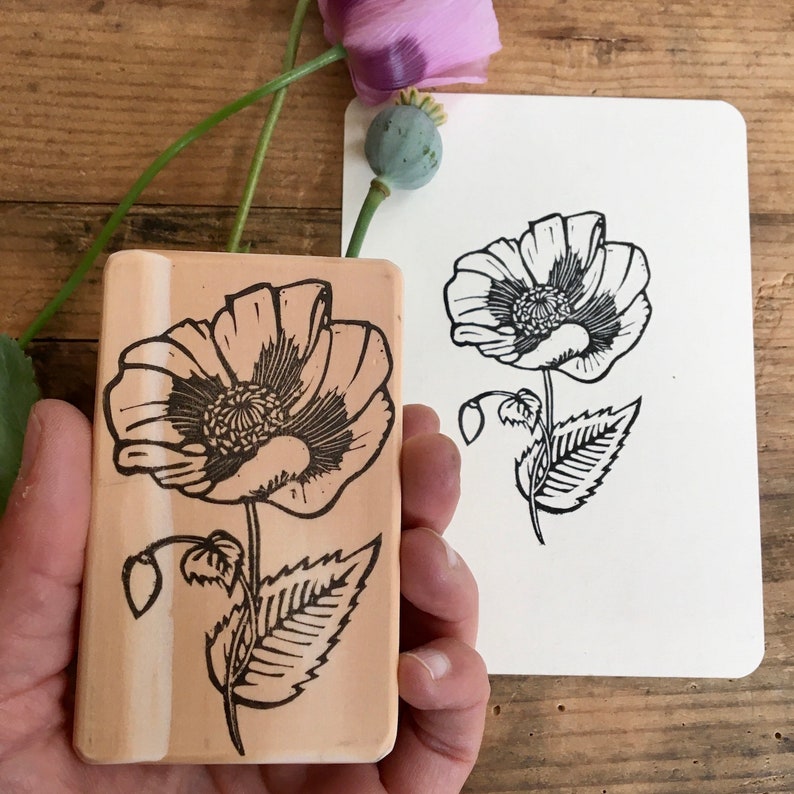 Poppi flower stamp, hand carved, wood mounted, bird stamp image 2