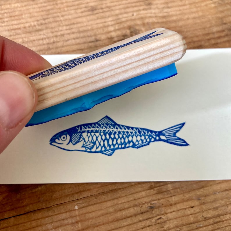 Sardine stamp, hand carved, wood mounted image 2