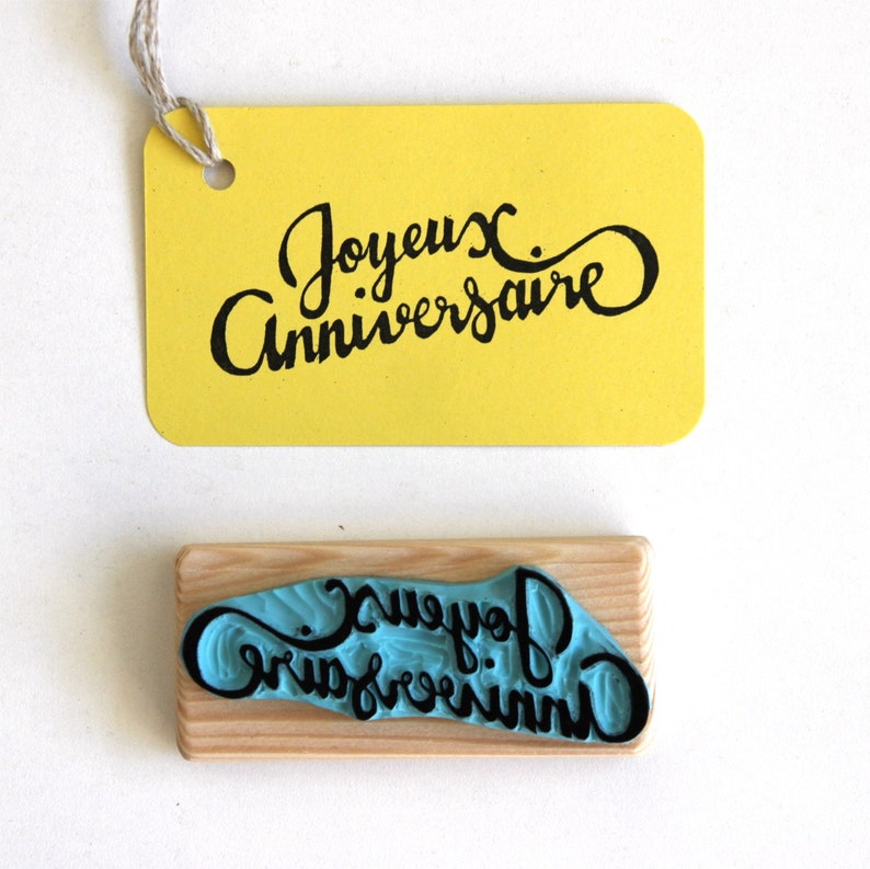 Lettering Joyeux Anniversaire Rubber Stamp Wood Mounted Hand Carved Stamps Stickers Labels s Beyourbussiness Com