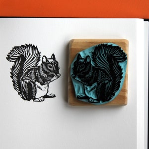 Squirrel stamp, hand carved, wood mounted