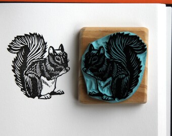 Squirrel stamp, hand carved, wood mounted