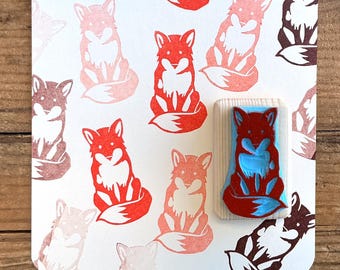 Fox stamp, hand carved, wood mounted