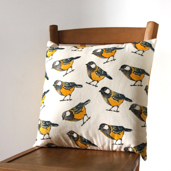 Housse de coussin oiseaux mésange charbonnière, tissu artisanal, en édition limitée, coton