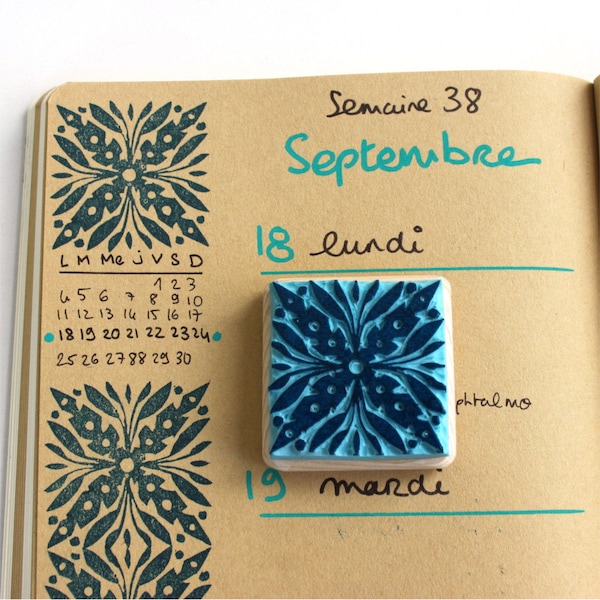 Tampon bullet journal carreau de ciment, bujo, gravé à la main, en gomme, monté sur bois