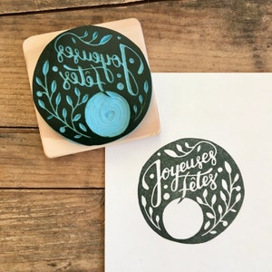Joyeuses fêtes Stempel, ideal für Adventskalender, Schriftzug, handgeschnitzt, auf Holz montiert