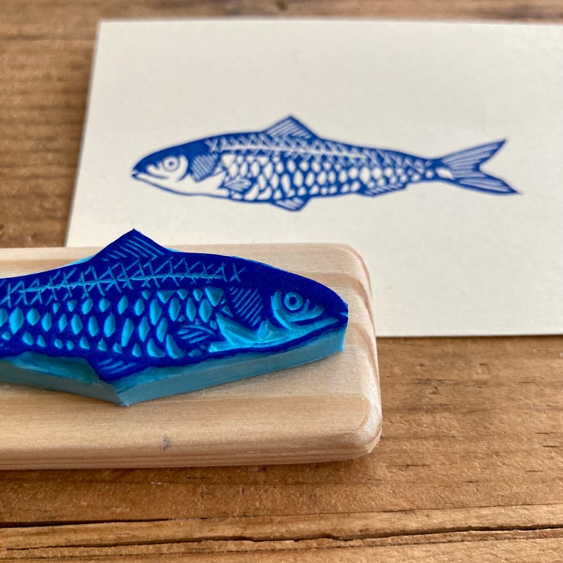 Sardine stamp, hand carved, wood mounted image 3